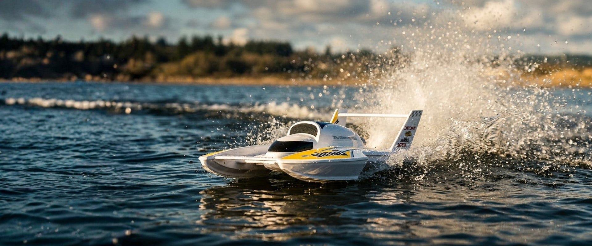 Speedboat on a body of water with a scenic background