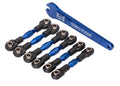 Turnbuckles, aluminum (blue-anodized), camber links, 32mm (front) (2)/ camber links, 28mm (rear) (2)/ toe links, 34mm (2)/ aluminum wrench