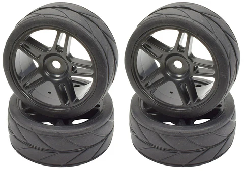 Apex RC Products 1/10 On-Road Black Split 5 Spoke Wheels & V Tread Rubber Tire Set #5001
