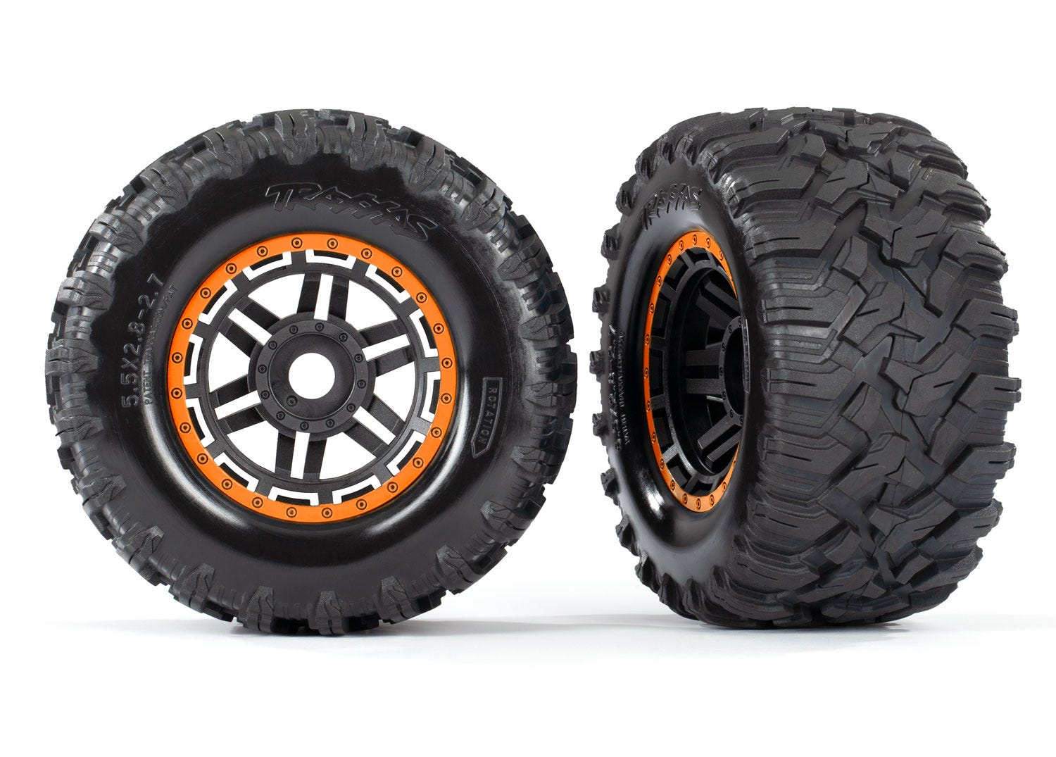 Tires & wheels, assembled, glued (black, orange beadlock style wheels, Maxx MT tires, foam inserts) (2) (17mm splined) (TSM rated)