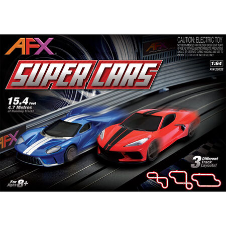 Super Cars 15-Foot Mega G+ HO Slot Car Track Set Power and velocity run the gauntlet in the new and improved AFX Super Cars Set!
