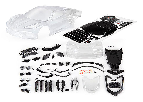Body, Chevrolet Corvette Stingray (clear, trimmed, requires painting)/ decal sheet (includes side mirrors, spoiler, grilles, vents, hardware, & clipless mounting)