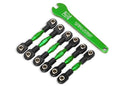 Turnbuckles, aluminum (green-anodized), camber links, 32mm (front) (2)/ camber links, 28mm (rear) (2)/ toe links, 34mm (2)/ aluminum wrench