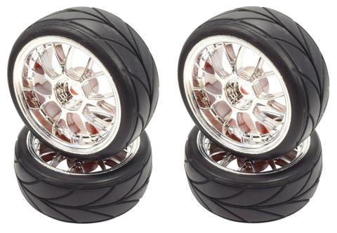 APEX RC PRODUCTS 1/10 ON-ROAD CHROME MESH WHEELS & V TREAD RUBBER TIRE SET #5007