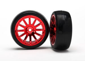 7573X Tires & wheels, assembled, glued (12-spoke red chrome wheels, slick tires) (2)