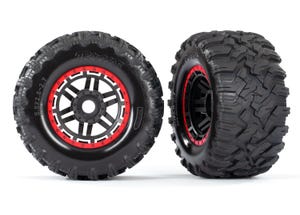 Tires & wheels, assembled, glued (black, red beadlock style wheels, Maxx® MT tires, foam inserts) (2) (17mm splined) (TSM® rated)
