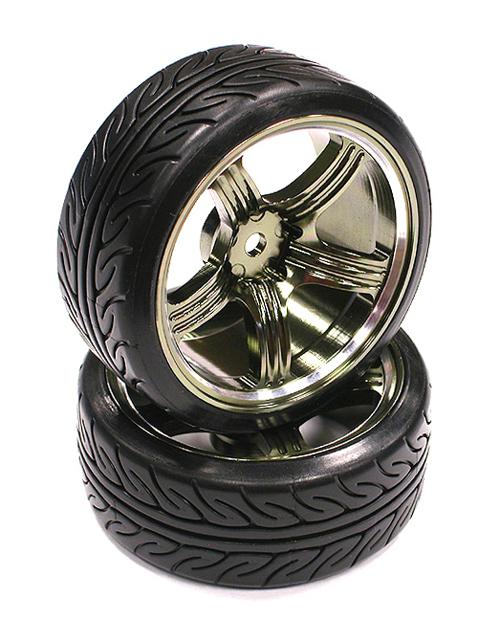 Billet Machined Alloy 5 Spoke Wheel + Drift Tire (2) Set (O.D.=62mm) C23451GUN