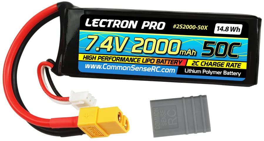 Lectron Pro 7.4V 2000mAh 50C Lipo Battery with XT60 Connector + CSRC Adapter for XT60 Batteries to Popular RC Vehicles for 1/16 and 1/18 Scale Cars and Trucks