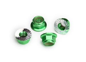 Nuts, 5mm flanged nylon locking (aluminum, green-anodized, serrated) (4)