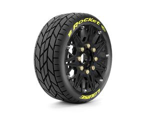 MFT B-Rocket Soft 1/8 Buggy Tires, 17mm Hex, 0" & 1/2" Offset, Mounted on Black Rims, (2)