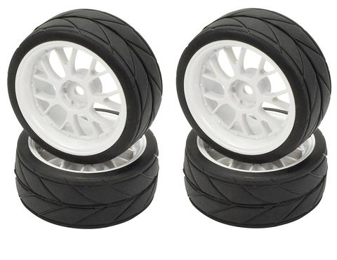 APEX RC PRODUCTS 1/10 ON-ROAD WHITE MESH WHEELS & V TREAD RUBBER TIRE SET #5017