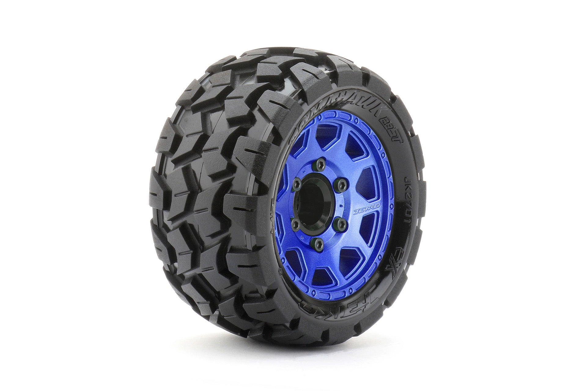 JKO2701CLMSGNB2  1/10 ST 2.8 EX-Tomahawk Tires Mounted on Metal Blue Claw Rims, Medium Soft, Glued, 12mm 1/2" Offset