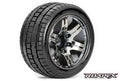Trigger 1/10 Stadium Truck Tires, Mounted on Chrome Black Wheels, 1/2 Offset, 12mm Hex (1 pair)