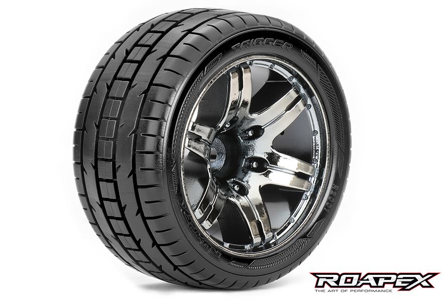 Trigger 1/10 Stadium Truck Tires, Mounted on Chrome Black Wheels, 1/2 Offset, 12mm Hex (1 pair)