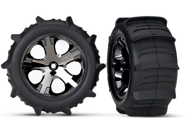 Tires & wheels, assembled, glued (2.8") (All-Star black chrome wheels, paddle tires, foam inserts) (2WD electric rear) (2) (TSM rated)