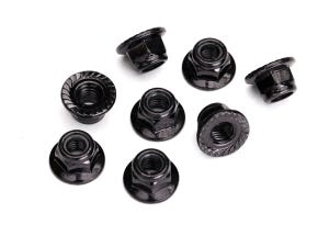 Nuts, 5mm flanged nylon locking (steel, black serrated) (8)