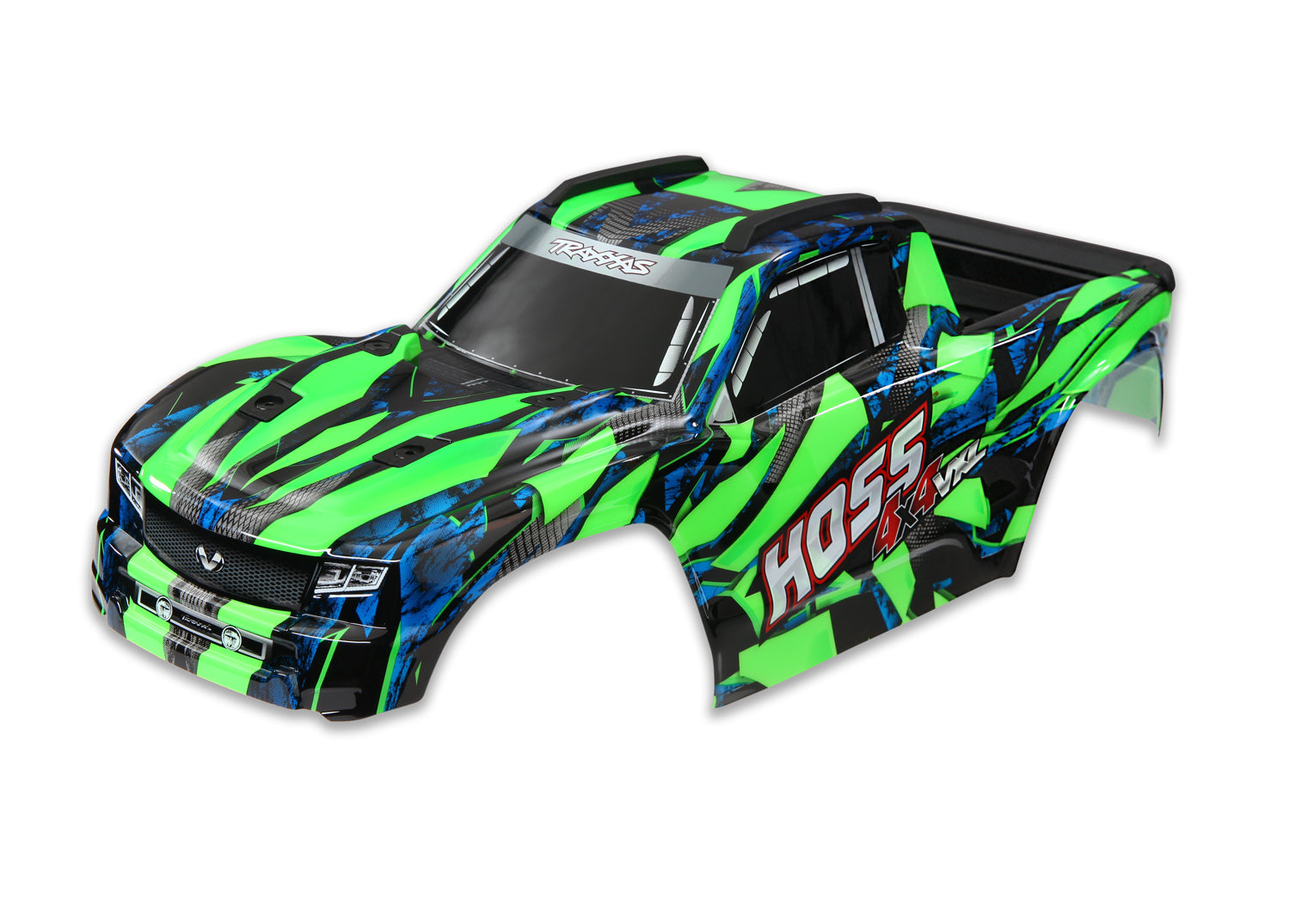 9011G - Body, Hoss™ 4X4 VXL, green/ window, grille, lights decal sheet (assembled with front & rear body mounts and rear body support for clipless mounting)