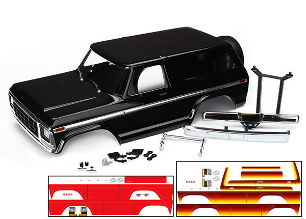 8010X - Body, Ford Bronco, complete (black) (includes front and rear bumpers, push bar, rear body mount, grill, side mirrors, door handles, windshield wipers, spare tire mount, red and sunset decals) (requires #8072 inner fenders)