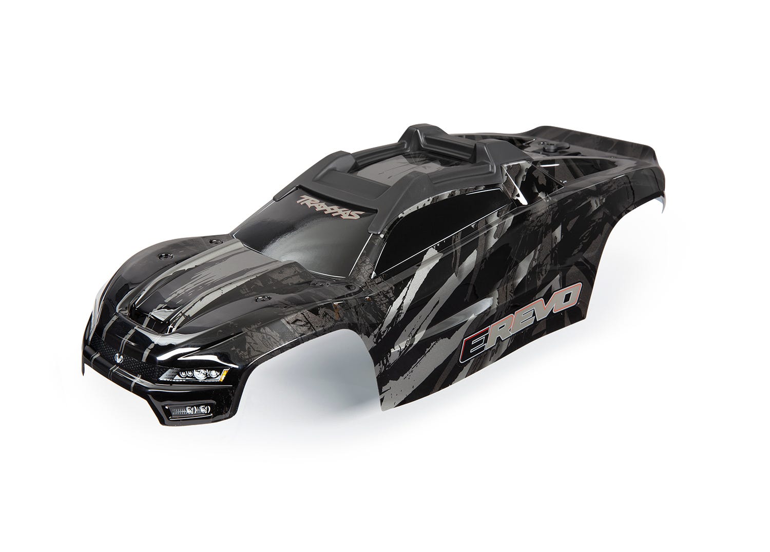 Body, E-Revo, black/ window, grille, lights decal sheet (assembled with front & rear body mounts and rear body support for clipless mounting)