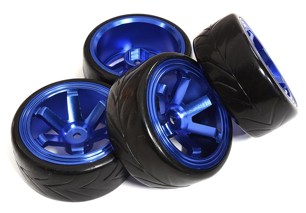 6 Spoke Complete Wheel & Tire Set (4) for Drift Racing (O.D.=62mm) C31347BLUE
