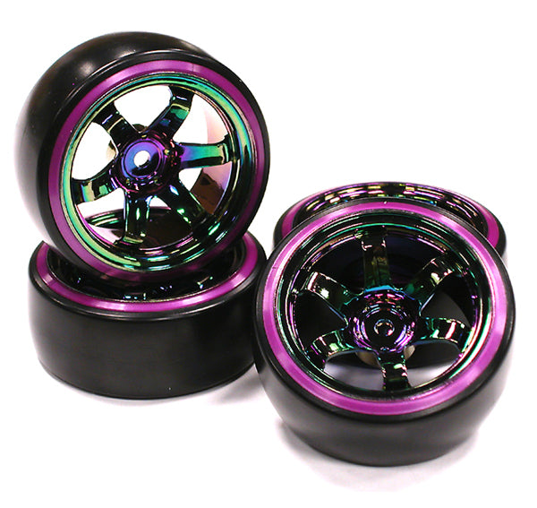 Rainbow Color 6 Spoke Wheel w/ Outer Ring + Drift Tire (4) Set (O.D.=62mm) C23626PURPLE