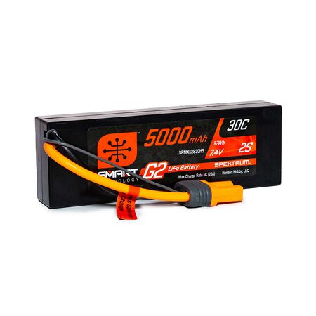 7.4V 5000mAh 2S 30C Smart G2 Hardcase LiPo Battery: IC5 Pilots and drivers enjoy more Smart benefits with Spektrum™ Smart G2 30C LiPos. Not only are charging parameters and performance data stored and uploaded automatically to Smart chargers, but no balan