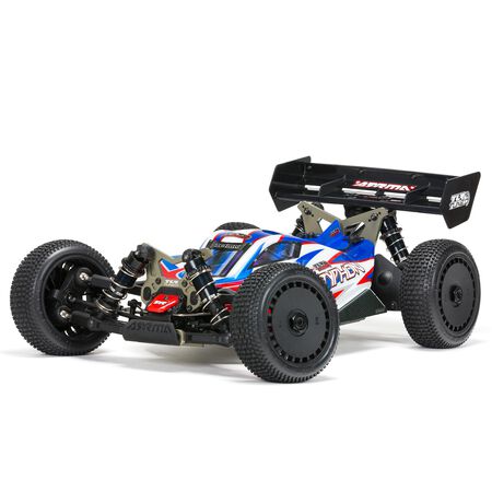 1/8 TLR Tuned TYPHON 6S 4WD BLX Buggy RTR, Red/Blue Loaded with upgrades to improve durability and handling, the TLR Tuned TYPHON 1/8 4WD Race Buggy adds chassis tuning and racing capabilities to the top-of-the-line ARRMA bash platform — as well as RTR co