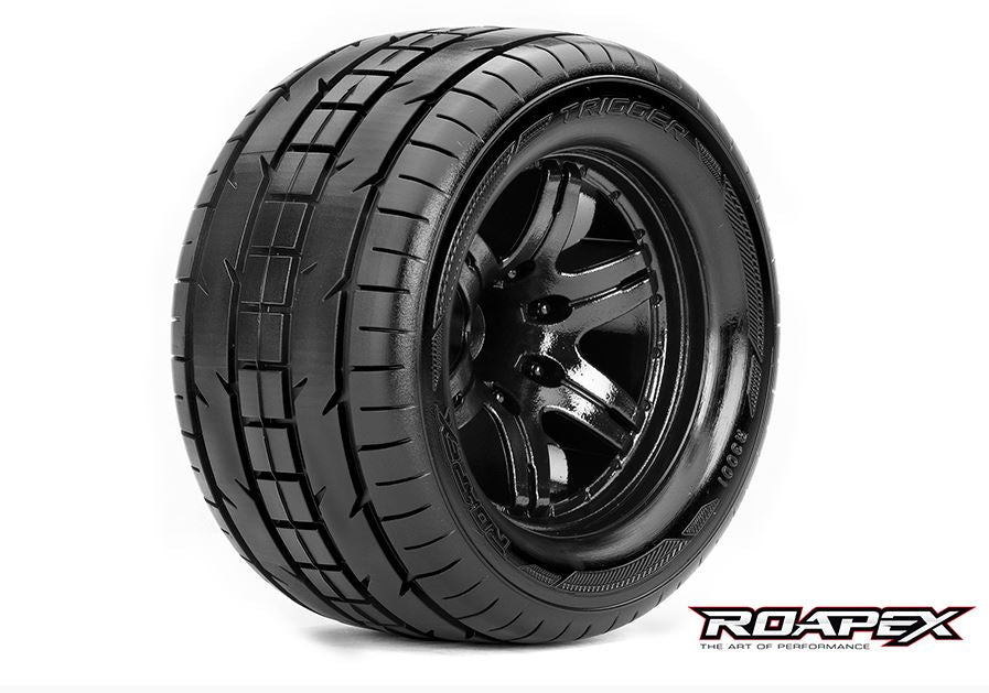 Trigger 1/10 Monster Truck Tires, Mounted on Black Wheels, 1/2 Offset, 12mm Hex (1 pair)
