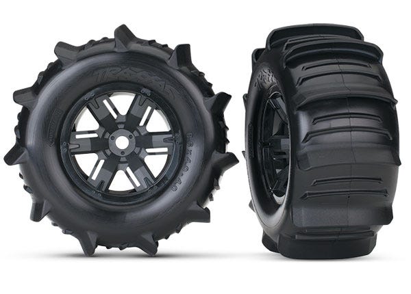 7773 Tires & wheels, assembled, glued (X-Maxx black wheels, paddle tires, foam inserts) (left & right) (2)