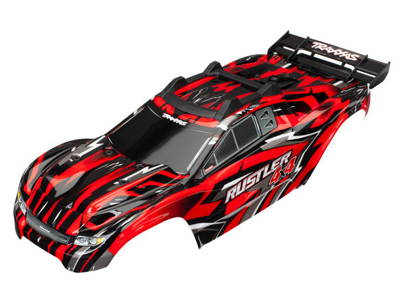 Body, Rustler 4X4, red/ window, grille, lights decal sheet (assembled with front & rear body mounts and rear body support for clipless mounting)