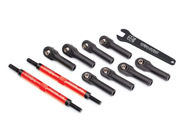 tra8638R Toe links, E-Revo VXL (TUBES red-anodized, 7075-T6 aluminum, stronger than titanium) (144mm) (2)/ rod ends, assembled with steel hollow balls (8)/ aluminum wrench, 10mm (1)