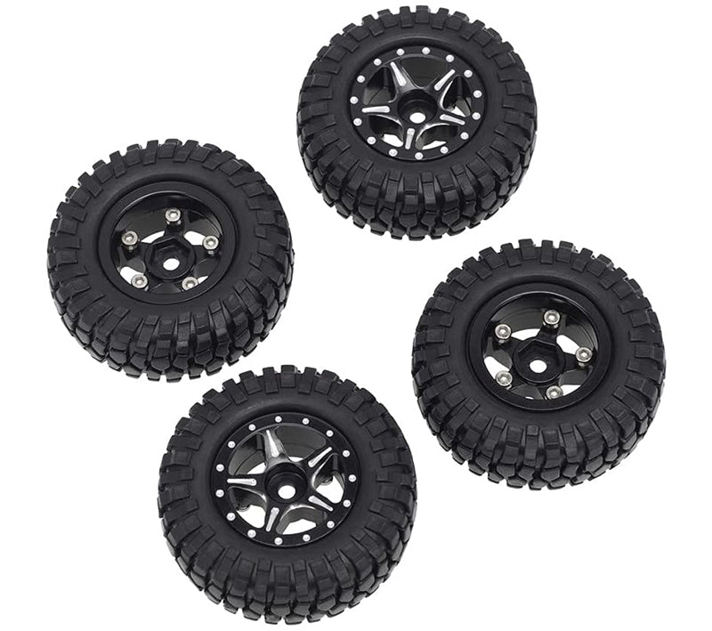 Alloy Machined Wheels (4) w/ Rubber Tires for Axial 1/24 SCX24 Rock Crawler C31214BLACK