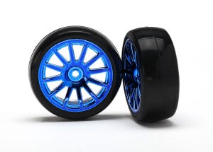 7573R Tires & wheels, assembled, glued (12-spoke blue chrome wheels, slick tires) (2)