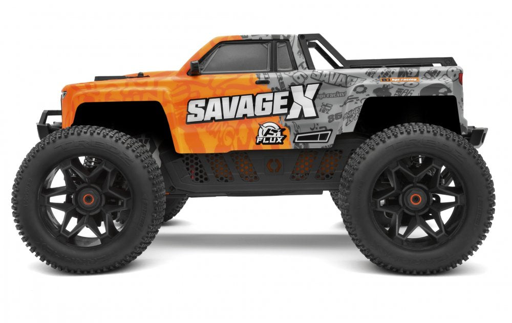 HPI160101  Savage X FLUX V2 1/8th 4WD Brushless Monster Truck Standing backflips with a mere blip of the throttle, tire shredding, terrain destroying power that'll make you run for cover... FLUX fans know where its at, the new Savage X FLUX V2 is rea