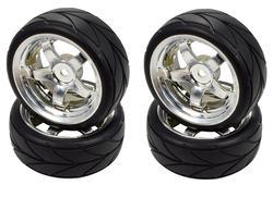 Apex RC Products 1/10 On-Road Chrome 5 Spoke Wheels & V Tread Rubber Tire Set #5005