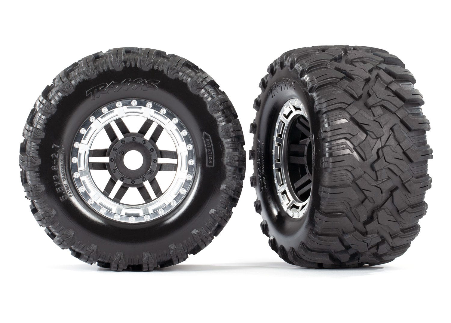 Tires & wheels, assembled, glued (black, satin chrome beadlock style wheels, Maxx® MT tires, foam inserts) (2) (17mm splined) (TSM® rated)
