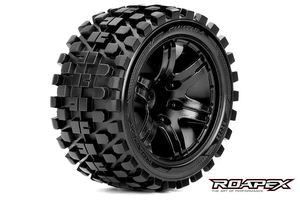 Rhythm 1/10 Stadium Truck Tires, Mounted on Black Wheels, 1/2 Offset, 12mm Hex (1 pair)