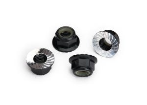 Nuts, 5mm flanged nylon locking (aluminum, black-anodized, serrated) (4)