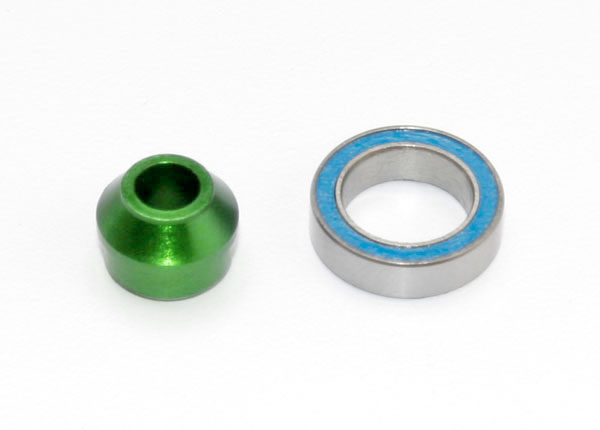 Bearing adapter, 6061-T6 aluminum (green-anodized) (1)/ 10x15x4mm ball bearing (black rubber sealed) (1) (for slipper shaft)