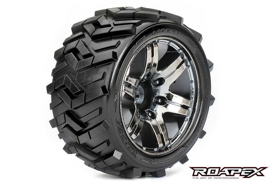 Morph 1/10 Stadium Truck Tires, Chrome Black Wheels, 1/2 Offset, 12mm Hex (1 pair)