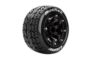 ST-Rocket 1/16 Stadium Truck Tires, 12mm Hex, Soft, Mounted on Black Spoke Rim, Front/Rear (2)
