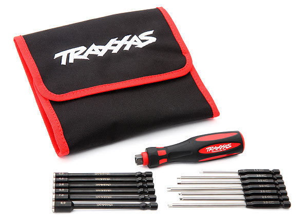 Speed Bit Master Set, hex and nut driver, 13-piece, includes premium handle (medium), travel pouch, hex drivers (straight: 1.5mm, 2.0mm, 2.5mm, 3.0mm), (ball-end: 2.0mm, 2.5mm, 3.0mm), and nut drivers (4.00mm, 4.50mm, 5.00mm, 5.50mm, 7.00mm, 8.00mm), 1/4”