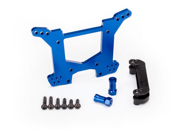 Shock tower, rear, 7075-T6 aluminum (blue-anodized) (1)/ body mount bracket (1)