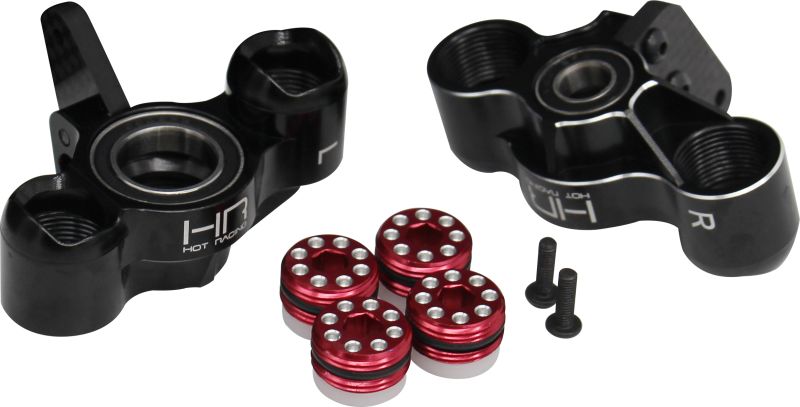 Hot Racing heavy duty aluminum steering blocks (axle carriers) with carbon fiber steering arms for the 1/8 Arrma Kraton BLX, Senton BLX, Talion BLX, and Typhon BLX.