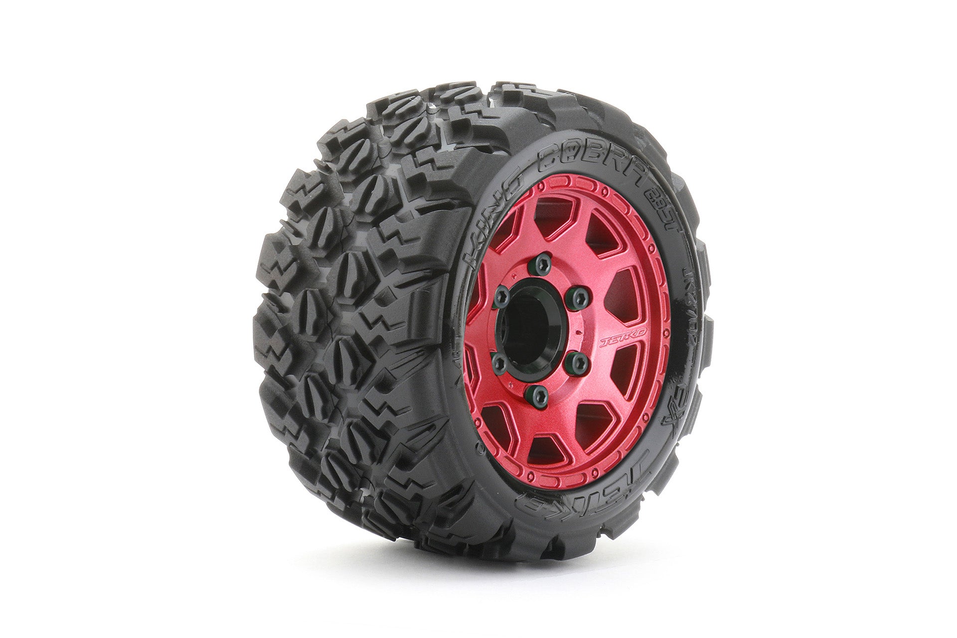 JKO2702CRMSGNB4  1/10 ST 2.8 EX-King Cobra Tires Mounted on Metal Red Claw Rims, Medium Soft, Glued, 17mm for Pro-MT