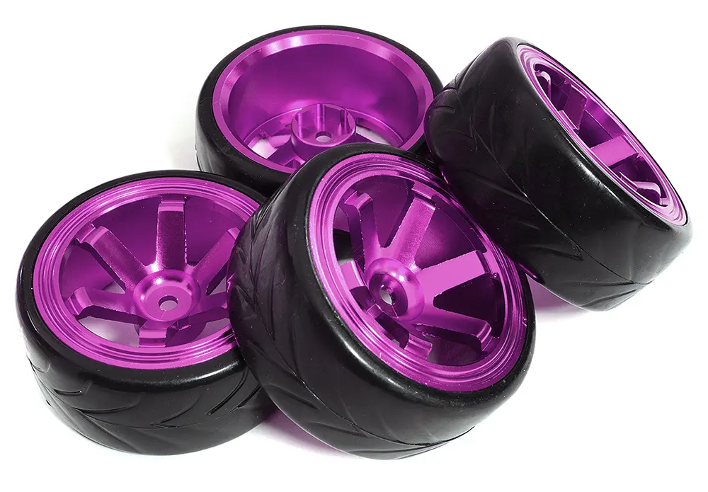 6 Spoke Complete Wheel & Tire Set (4) for Drift Racing (O.D.=62mm) C31347PURPLE New Item
