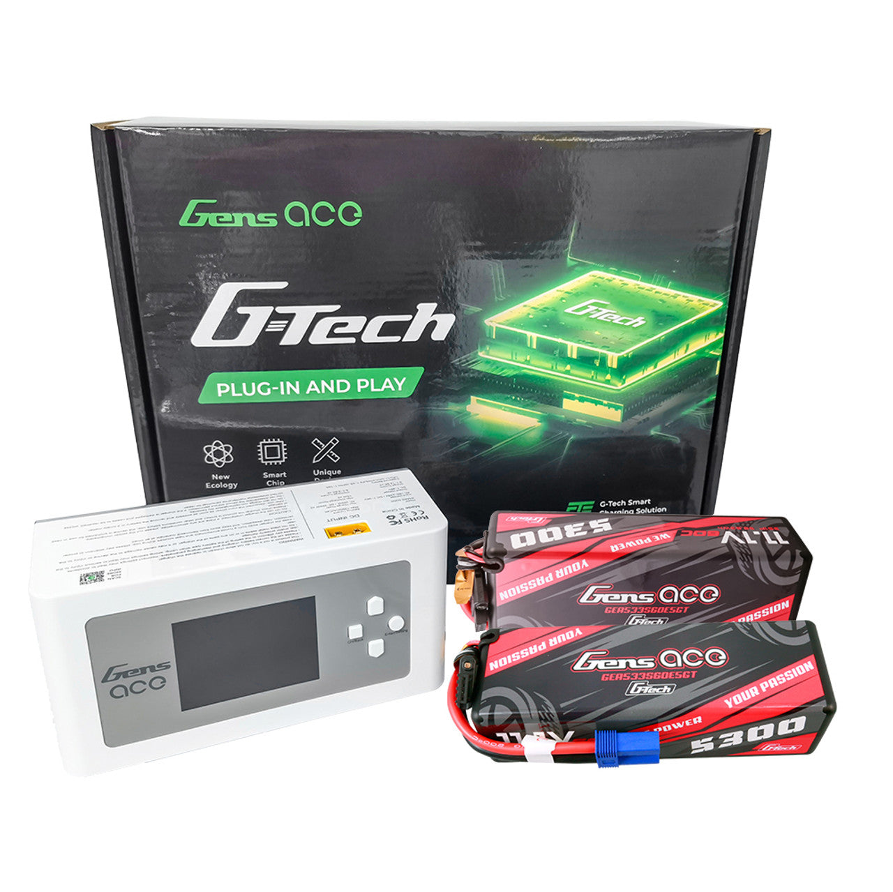 Gens ace 5300mAh 3S 60C 11.1V HardCase G-Tech Lipo Battery 15# With EC5 Plug *2 + iMars D300 G-Tech Channel AC/DC 300W/700W RC Battery Charger-US White*1 - Charger Combo