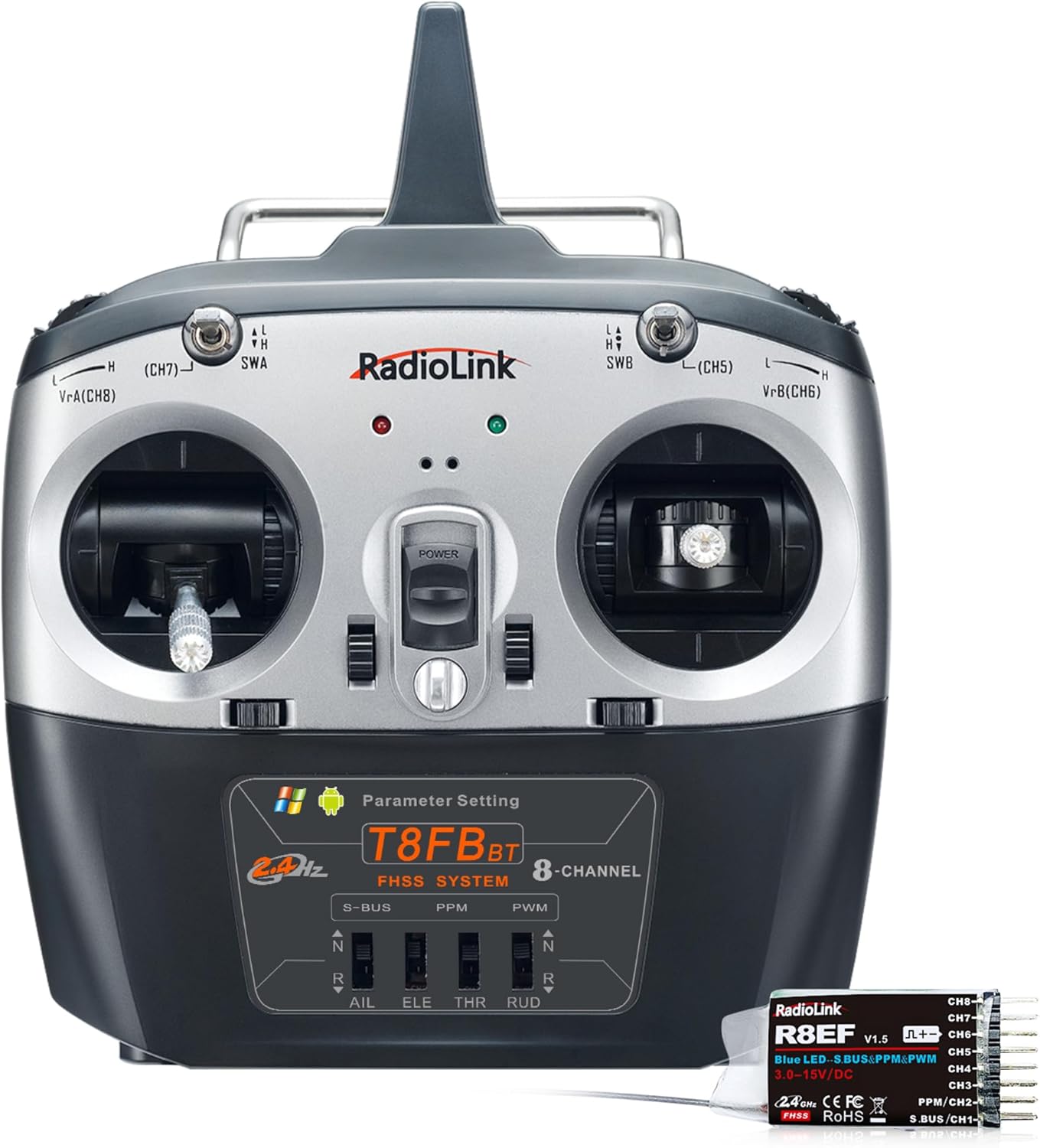 Radiolink T8FB 8 Channels 2.4GHz RC Remote Transmitter and R8EF Receiver APP Parameter Setup Dual Stick Controller for RC Airplane Aircraft Boat Car and More(Mode 2)
