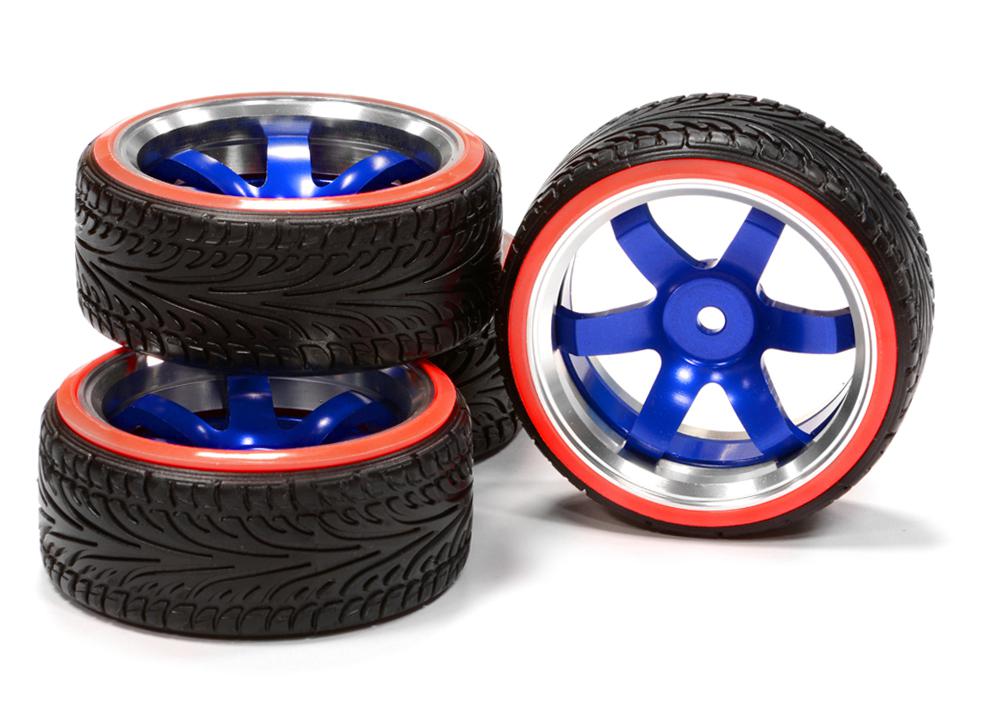 Billet Machined Alloy B6 Spoke Wheel 0 Offset + Drift Tire (4) Set (O.D.=64mm) C24797BLUERED
