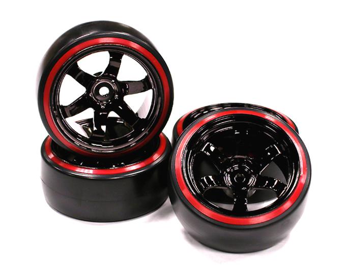 Black Color 6 Spoke Wheel w/ Outer Ring + Drift Tire (4) Set (O.D.=62mm) C23624RED